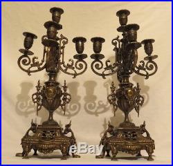 Pair of 1800's Antique Brass 5 Arms Candelabras Candle Holders