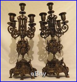 Pair of 1800's Antique Brass 5 Arms Candelabras Candle Holders