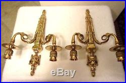 Pair of 2 Vintage Ornate thick gilt brass candle holder wall sconces fixtures