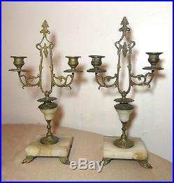 Pair of 2 antique ornate white onyx gilt bronze candelabra candle holder brass
