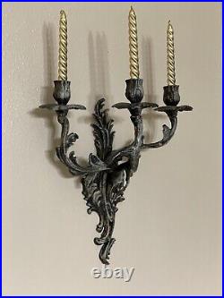 Pair of 2 brass wall candelabra 3 arm gothic ornate
