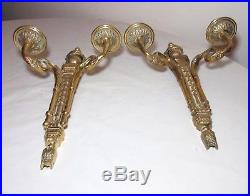 Pair of 2 vintage ornate thick gilt brass candle holder wall sconces fixtures