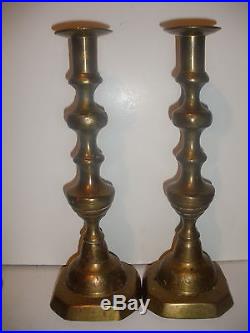 Pair of Antique 19thc Early Brass Candlesticks 11 tall