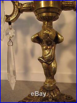 Pair of Antique Brass Candle Holder Candelabra Prisms Spain Cherubs Ornate