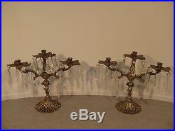 Pair of Antique Brass Candle Holder Candelabra Prisms Spain Cherubs Ornate