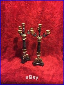 Pair of Antique Brass Metal Candlesticks on Marble Base 20 tall unique