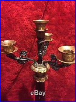 Pair of Antique Brass Metal Candlesticks on Marble Base 20 tall unique