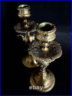 Pair of Antique Brass Ornate Candlesticks Set Bird Eagle Candleholder