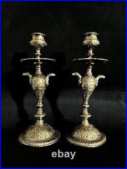 Pair of Antique Brass Ornate Candlesticks Set Bird Eagle Candleholder