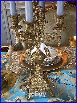 Pair of Antique Continental Gilt Brass Ornate 5 Light Candelabras with Finial