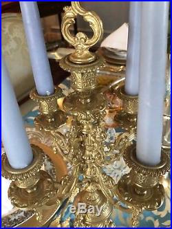 Pair of Antique Continental Gilt Brass Ornate 5 Light Candelabras with Finial