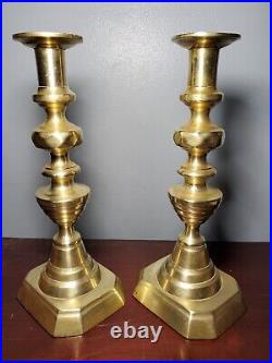 Pair of Antique English Brass Ace of Diamond Candlesticks 10 Tall