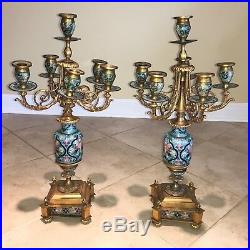 Pair of Antique French Champleve Brass & Bronze 6-Light Candelabras