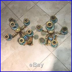 Pair of Antique French Champleve Brass & Bronze 6-Light Candelabras