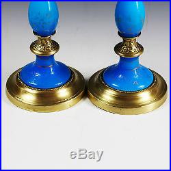 Pair of Antique French blue opaline glass and bronze pillar Candle holders brass