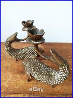 Pair of Antique Indian Dhokra pre-18th Century Brass Fish Candle Holders (2)