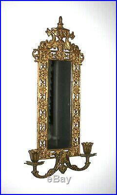 Pair of Antique Ornate Gilt Brass Mirror Wall Sconces Candle Holder