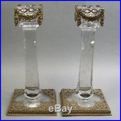 Pair of Antique Victorian Era Cut Glass Candlesticks Candle Holder Brass Ormolu