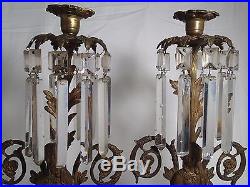 Pair of Antique Victorian Figural Brass Bronze Candle Holders with Crystals