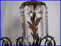 Pair of Antique Victorian Figural Brass Bronze Candle Holders with Crystals