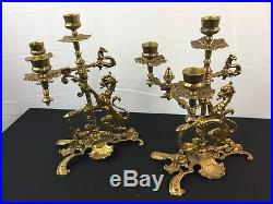 Pair of Antique Vintage Brass Lion Dragon 3 place Candlestick Holders