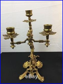 Pair of Antique Vintage Brass Lion Dragon 3 place Candlestick Holders