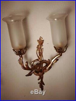 Pair of Antique Wall Sconces Solid Brass Candle Holders 18.5 x 12 with shades