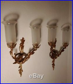 Pair of Antique Wall Sconces Solid Brass Candle Holders 18.5 x 12 with shades