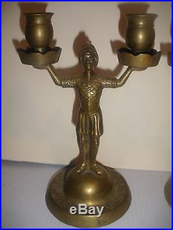 Pair of Antique brass bronze figural Roman Soldiers candlestick candle holder