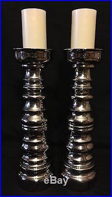 Pair of Arteriors Laura Kirar Collection Pillar Candle Holders Brass Nickel