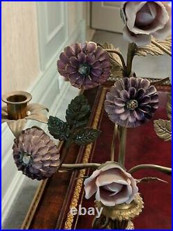 Pair of Brass & Ceramic Flower Candelabras Dhalias & Roses