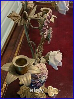 Pair of Brass & Ceramic Flower Candelabras Dhalias & Roses