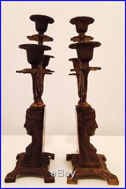 Pair of Brass Egyptian Revival Art Deco 3 Arm Candelabras / Candlestick Holders
