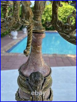 Pair of Brevettato Red Marble Brass Baroque Fireplace Mantel Candelabras Italy