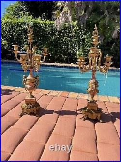 Pair of Brevettato Red Marble Brass Baroque Fireplace Mantel Candelabras Italy