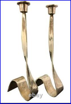 Pair of Brutalist MCM hand Forged Silver Plated Candleholders 11 high quality