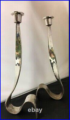 Pair of Brutalist MCM hand Forged Silver Plated Candleholders 11 high quality