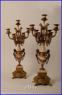 Pair of Candelabras Brass Casting Handcrafted Rose Marble Angels Candle Holders