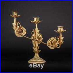 Pair of Candelabras Bronze Brass 3 Lights Tier Two Antique Candle Holders 10