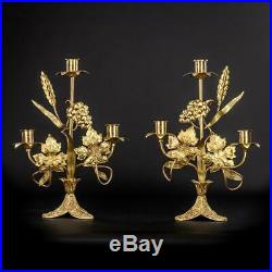 Pair of Candelabras Bronze Brass 3 Lights Tier Two Antique Candle Holders 13