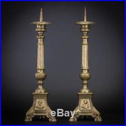 Pair of Candlestick Church Candle Holder x 2 Gilt French Gilded Brass 14