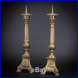 Pair of Candlestick Church Candle Holder x 2 Gilt French Gilded Brass 14