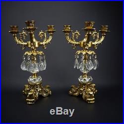 Pair of Fab Vintage 3 Arm Brass Candelabra Lamp with Dripping Crystal Prisms