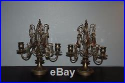 Pair of France Overington, NY Brass and Crystal Candleabras