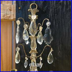 Pair of French Style Brass Crystal Wall Sconces With 5 Candle Holders