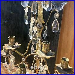 Pair of French Style Brass Crystal Wall Sconces With 5 Candle Holders