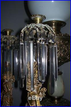 Pair of GORGEOUS Vintage Figural Brass Mantle Lusters With Pendalong Prisms