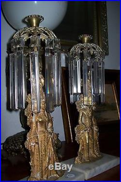 Pair of GORGEOUS Vintage Figural Brass Mantle Lusters With Pendalong Prisms