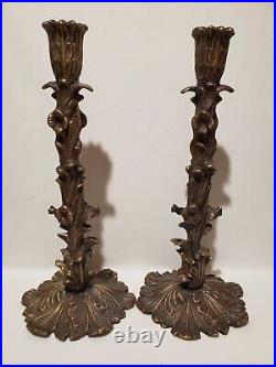 Pair of Heavy 18 Brass Bronze Acanthus Column Candle Holders