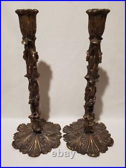 Pair of Heavy 18 Brass Bronze Acanthus Column Candle Holders